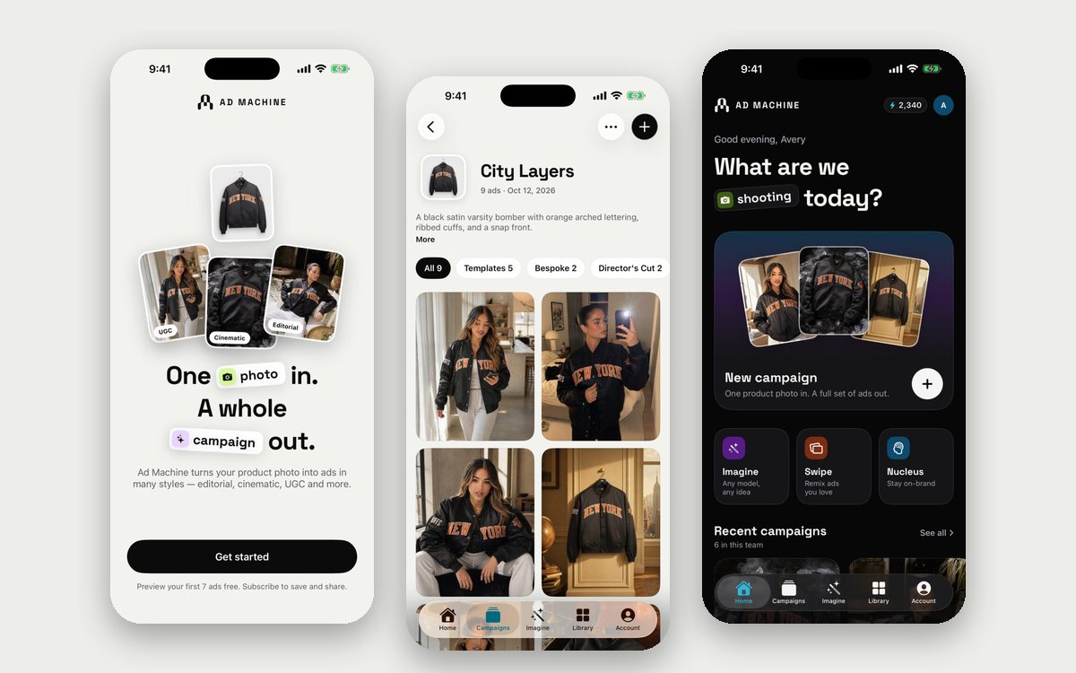 Three screens of the new Ad Machine iPhone app